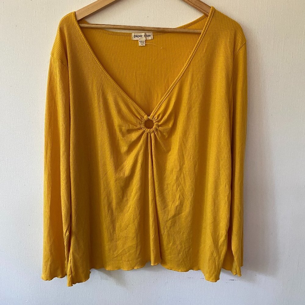 Paper + Tee Forest Fairy Top Womens 3XL Mustard Ribbed V-neck NWT Boho Retro